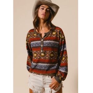 "The Lyra" Aztec Print Brushed Henley Top